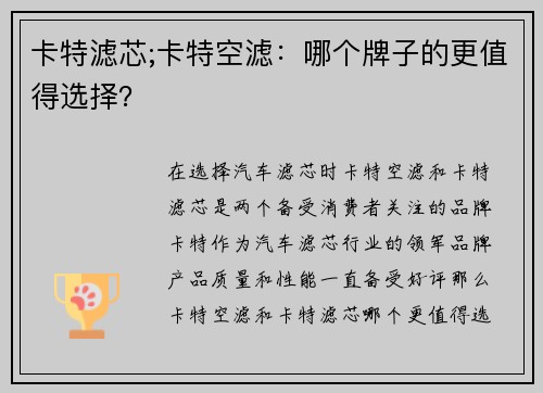 卡特滤芯;卡特空滤：哪个牌子的更值得选择？